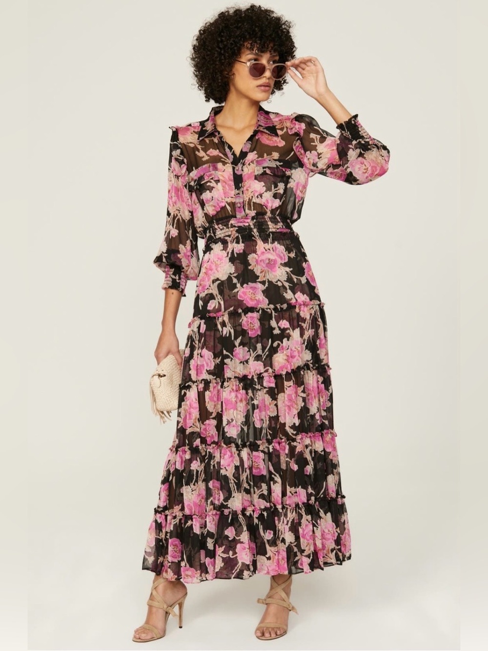 Misa Los Angeles~Aydeniz~Black Maxi Dress with Pink Floral Print~Size XS~$475~